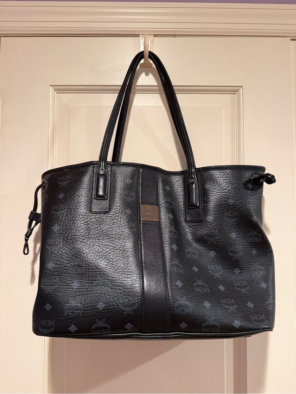 MCM Black Visetos Medium Leather Tote Bag